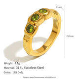 E.B.belle New Vintage Style Three Green Zircon Ring PVD Plated 316L Stainless Steel Simple Women Statement Finger Chic Jewelry