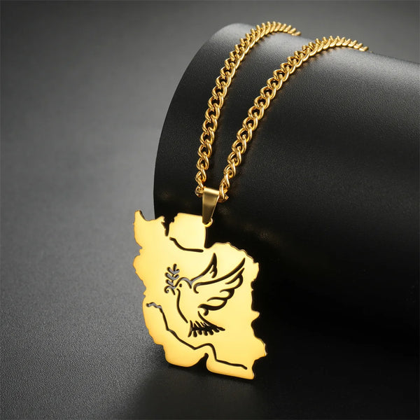 EUEAVAN Iran Map Pendant Necklace Stainless Steel Peace Dove Olive Branch Persian Calligraphy Necklaces Iranian Country Jewelry