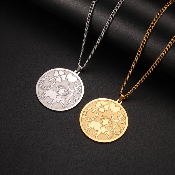 Jeshayuan Evil Eye Clover Man Necklace Horseshoe Yoga Om Pendant Love Chains Choker Neck Lucky Amulet Stainless Steel Jewelry