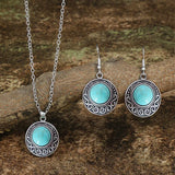 Vintage national imitation Turquoise women's earring necklace set antique silver plated alloy green earring necklace
