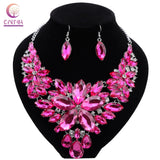 CYNTHIA Fashion Pink Flowers Bridal Wedding Party Prom Costume Jewelry Sets Indian Necklace Earrings Sets for Brides Bridesmaids