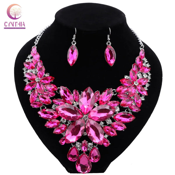 CYNTHIA Fashion Pink Flowers Bridal Wedding Party Prom Costume Jewelry Sets Indian Necklace Earrings Sets for Brides Bridesmaids