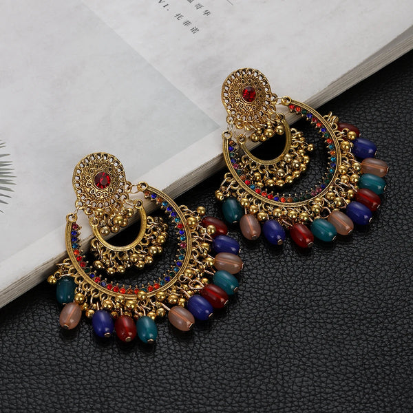 Boho Vintage Colorful Crystal Earrings for Women Retro Gold Plated Round Beads Tassel Earrings Wedding Party Jewelry Gifts