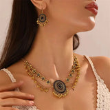 Fashion Ethnic Jewelry Sets Crystal Stone Pendant Necklace Earrings Set For Women Metal Flower Decoration Chains Necklace Set