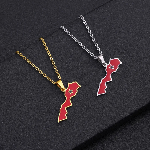 Morocco map pendant stainless steel necklace famous ethnic style female niche design sense of light luxury geometric drip oil je