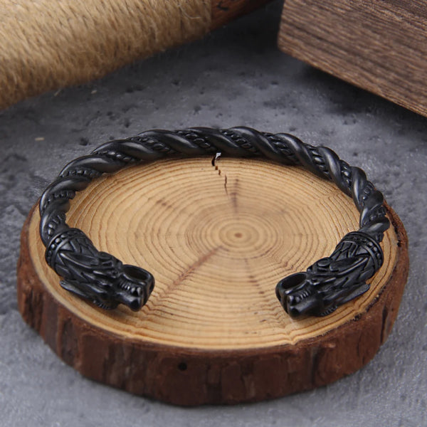 Black Stainless Steel Nordic Viking Norse Dragon Bracelet Men Wristband Cuff Bracelets with Viking Wooden Box