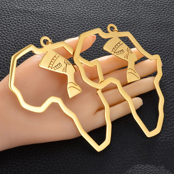 Anniyo Gold Color Stainless Steel Egyptian Queen Nefertiti Earrings African Map Big Earrings Jewelry Africa Ethnic  #116821