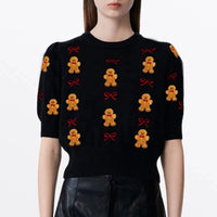 Combhasaki Women's Christmas Cropped Sweaters Half Puff Sleeve Cartoon Santa /CandyCane/Gingerbread Man Print Knitwear Pullovers