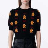 Combhasaki Women's Christmas Cropped Sweaters Half Puff Sleeve Cartoon Santa /CandyCane/Gingerbread Man Print Knitwear Pullovers