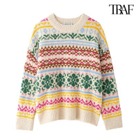 TRAF Women's Fashion 2024 Autumn and Winter Casual Loose Long Sleeve Round Neck Color-Collision Jacquard Knit Christmas Sweater