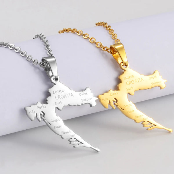 Anniyo Croatia Map With Cities Šibenik Pendant Necklaces Stainless Steel for Women Girls Maps of the Croatian Jewelry #310201