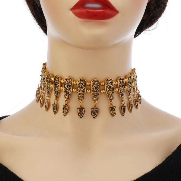 New Fashion Ethnic Style Retro Antique Alloy Carved Rhinestone Women's Neck Chain Choker Necklace Indian Jewelry