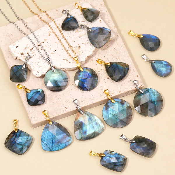 Fashion Natural Labradorite Necklace Pendant Triangle Round Teardrop and Other Ladies Friendship Mother Gift Necklace Jewelry