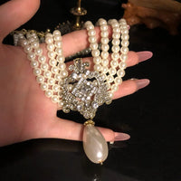 Vintage palace style multi-layer pearl necklace set with gems and diamonds to do old gold choker earrings stud earrings sweater