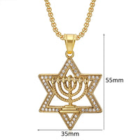 Hip Hop Iced Out Star of David Pendnat Male Gold Color Stainless Steel Candlestick Necklace For Men Jewish Party Jewelry Gift