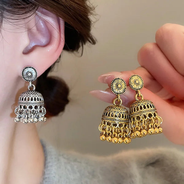 Mediaeval Retro Bell Hollowed Tassel Earrings Round Carved Drop Earring Temperament Dedicate Hanging Decor Ethnic Style Jewelry