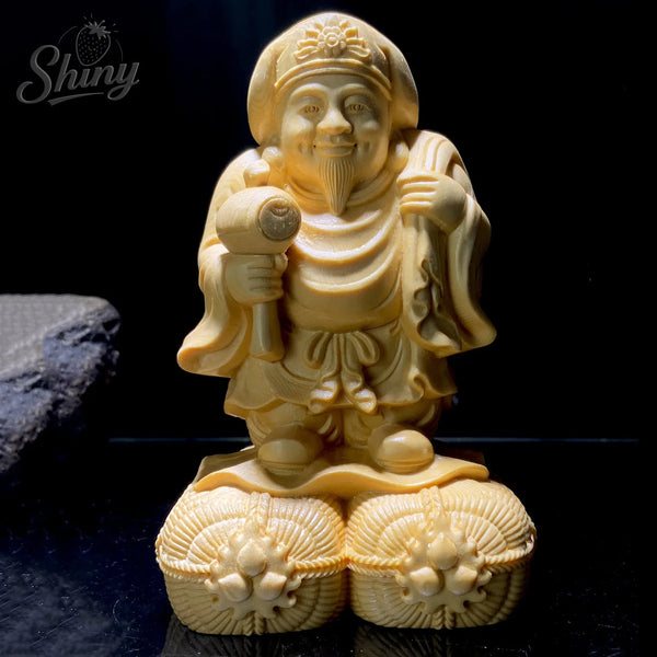 Hand Carved Wooden Daikokuten Statue Figurine - Japanese Seven Lucky Gods Wealth God Prosperity Fortune fengshui Ornament