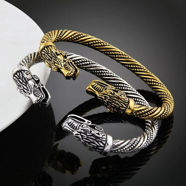 Classic Animal Viking Double Wolf Head Adjustable Bracelet Men Stainless Steel Bracelet Fashion Double Snake Heads Jewelry Gift