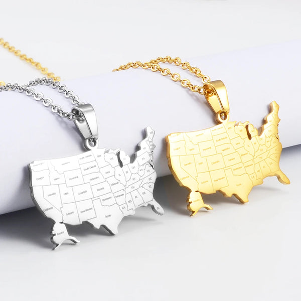 Anniyo American Map With State Name Pendant and Necklaces for Women Girls United States Map Jewelry USA #317301
