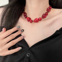 Luxurious Multi-Layer Red Beaded Flower Tassel Necklace Fashionable Choker High-End Clavicle Chain Jewelry Accessory