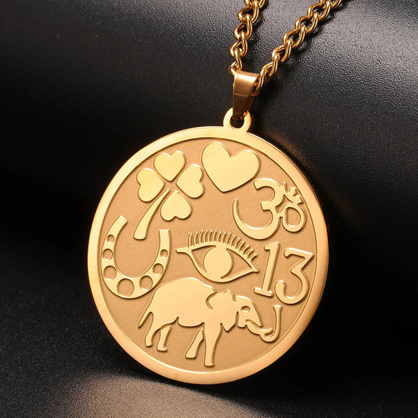 Dawapara Good Luck Elephant Medallion Necklace Powerful Protection Amulet Ohm Symbol Horseshoe Evil Eye Necklace Stainless Steel