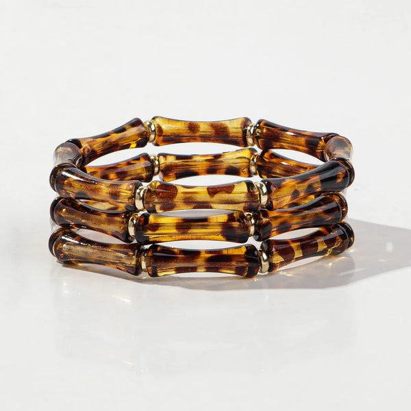 3pcs Leopard Acrylic Bamboo Women's Hand Bracelets Retro Stack Thin Tube Beaded Elastic Bracelet Bangle Couple Jewelry Gift