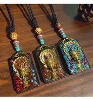 Nepal Tangka Pendant Male Green Tara Manjushri Bodhisattva Black Sandalwood Buddha Sign Vintage Necklace Sweater Chain Jewelry