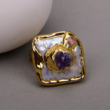 GG Freshwater Cultured White Square Pearl Purple Amethyst Druzy Ring Adjustable