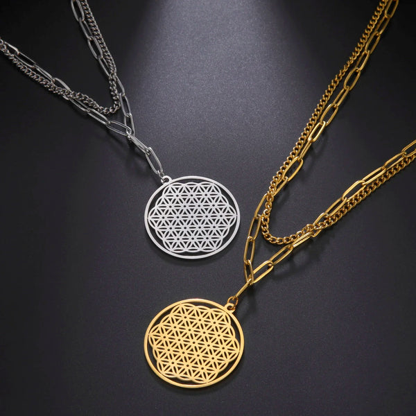 Skyrim Flower of Life Overlapping Six Ring Pendant Stainless Steel Necklace Women's Fashion Holy Mandala Talisman Jewelry Gift