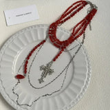 Luxurious Multi-Layer Red Beaded Flower Tassel Necklace Fashionable Choker High-End Clavicle Chain Jewelry Accessory