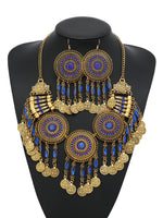 KMVEXO Gypsy Bohemia Chic Vintage Metal Coin Crystal Tassel Jewelry Sets Women Hippie Turkish Ethnic Tribal Necklace Earring Set