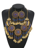 KMVEXO Gypsy Bohemia Chic Vintage Metal Coin Crystal Tassel Jewelry Sets Women Hippie Turkish Ethnic Tribal Necklace Earring Set