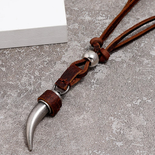 Kirykle Horn Pendant Necklace Men Brown Genuine Leather Necklace Jewellery Manmade Ethnic Charm Accessories DropShipping