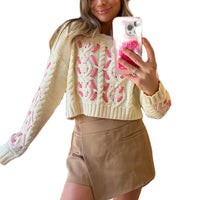 Combhasaki Women's Christmas Y2K Cute Kawaii Cropped Sweaters Round Neck Long Sleeve Contrast Color Loose Knitwear Pullover Tops
