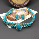 French Retro Elegant Inlaid Turquoise Geometric Necklace Bracelet Earring Set Fashionable High-End Women'S Jewelry