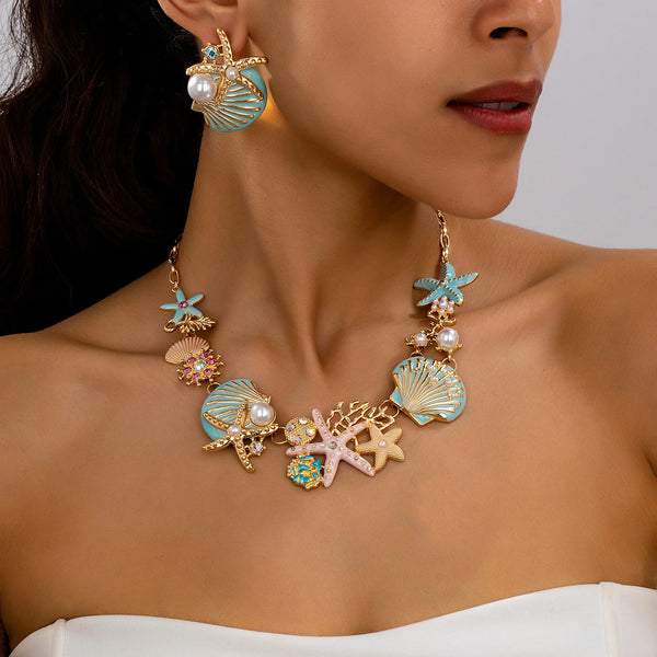 Ocean Starfish Shell Imitation Pearl Earring and Necklace Set for Women Girls Fashion Jewelry Hot Sale Party Gift 2025 New Style