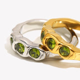 E.B.belle New Vintage Style Three Green Zircon Ring PVD Plated 316L Stainless Steel Simple Women Statement Finger Chic Jewelry