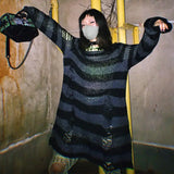 2024 Purple Striped Gothic Sweaters Women Ripped Holes Loose Knitted Pullover Frayed Fairy Grunge Jumpers Emo Streetwear Lolita