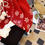 Christmas New Red Autumn and Winter Pullovers Snowflake Knitted Sweaters Thick Loose V-neck Hooded Sweet Long Sleeve Top Trendy