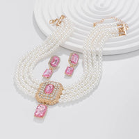 1Set Luxury Multilayer Imitation Pearl Necklace Earrings For Women Girls Temperament Jewelry Bridal Rhinestone Wedding Jewelry