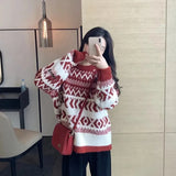 Retro Loose Casual Thickened Christmas New Year Geometric Pattern Women's Sweater Crew Neck Pullover Knitwear from Mainland Chin