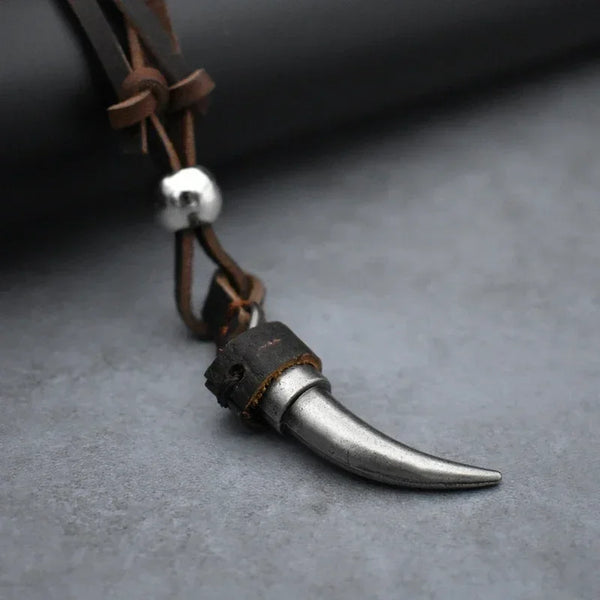 Silver Color Horn Pendant Necklace Men Brown Genuine Leather Necklace Jewellery Handmade Ethnic Charm Accessories DropShipping