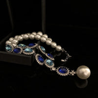 Retro Fashion Pearl Blue Stone Necklace Earrings Multi functional Light Luxury Regular Clavicle Chain Women's Jewelry Gifts