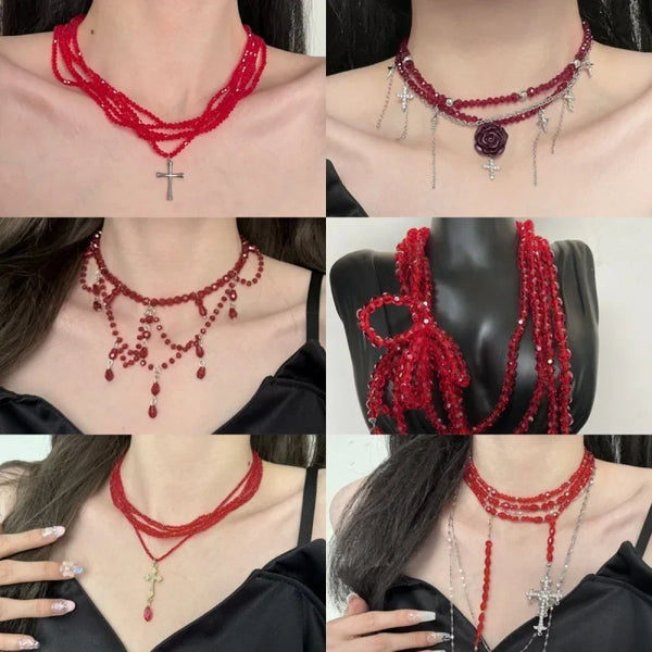 Luxurious Multi-Layer Red Beaded Flower Tassel Necklace Fashionable Choker High-End Clavicle Chain Jewelry Accessory