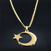 2023 Muslim Islam Moon Star Stainless Steel Chain Necklaces for Women Gold Color Necklace Jewelry collares de mujer N4811S05