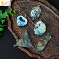 CSJA Natural Stone Labradorite Heart Pendant for Making Necklace Animal Owl Fox Carving Pendants Jewelry Gift Men H480