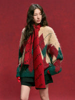 Spliced Christmas Hot Red Diamond Grid Top Checkered Round Neck Knit Long Sleeve Retro Sweater Women Street Design Loose Casual