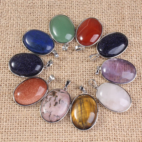 Natural Crystal Oval Shape Stone Pendants For Women Amethyst Rose Quartz Lapis Lazuli Labradorite Gemstone Pendant Jewellery