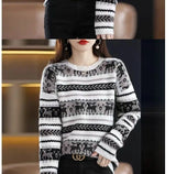 Autumn Winter Women Simple Elk Deer Jacquard Christmas Knitted Sweater Y2K Casual O Neck Long Sleeve Pullover Tops Loose Jumpers