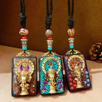 Nepal Tangka Pendant Male Green Tara Manjushri Bodhisattva Black Sandalwood Buddha Sign Vintage Necklace Sweater Chain Jewelry
